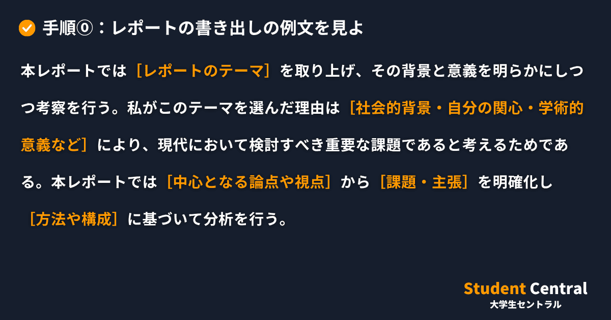 手順⓪：レポートの書き出しの例文を見よ
